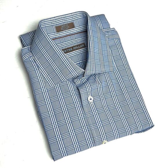 Peter Millar Cotton Blue White Glen Check Plaid Button Up Casual Shirt M - Picture 1 of 12